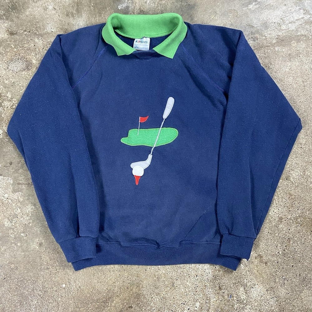 Vintage 80s Hanes Collared Golf Sweatshirt Size Large Blue Mock Neck Embroidered